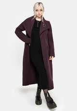 Abyss Tie Waist Double Breasted Coat With Snake Brooch - Plum