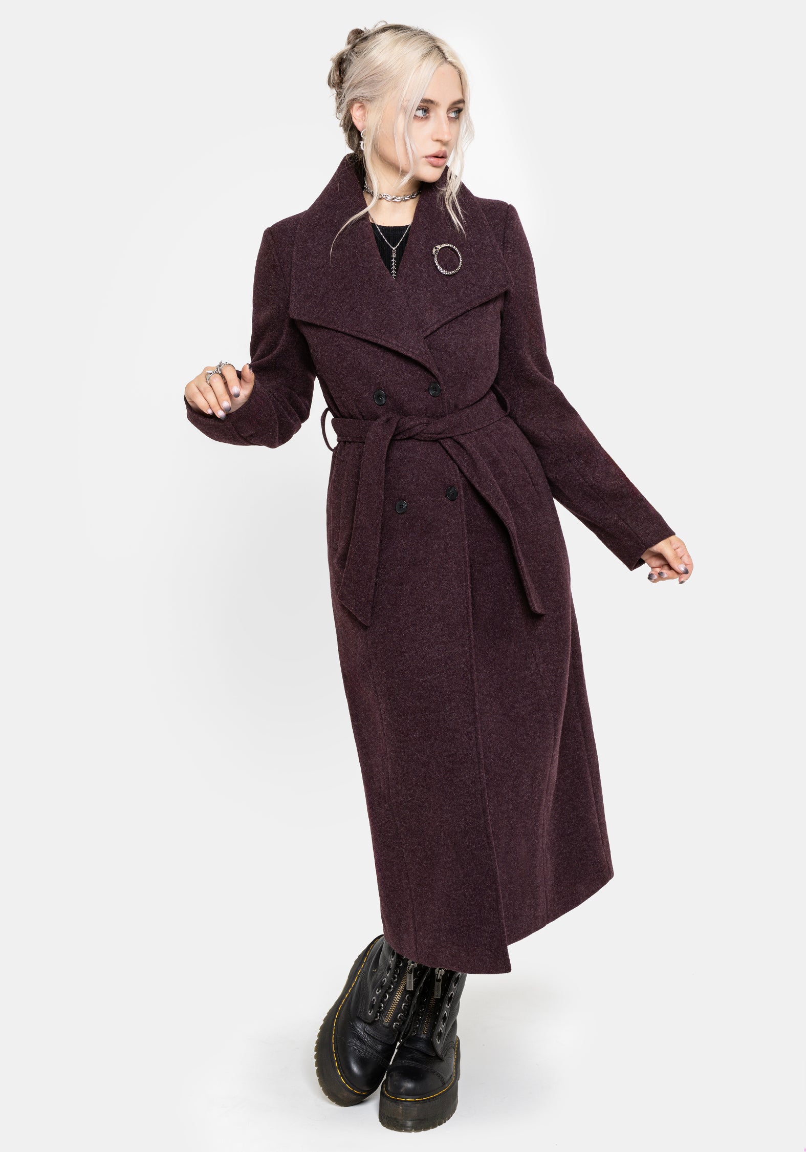 Abyss Tie Waist Double Breasted Coat With Snake Brooch - Plum