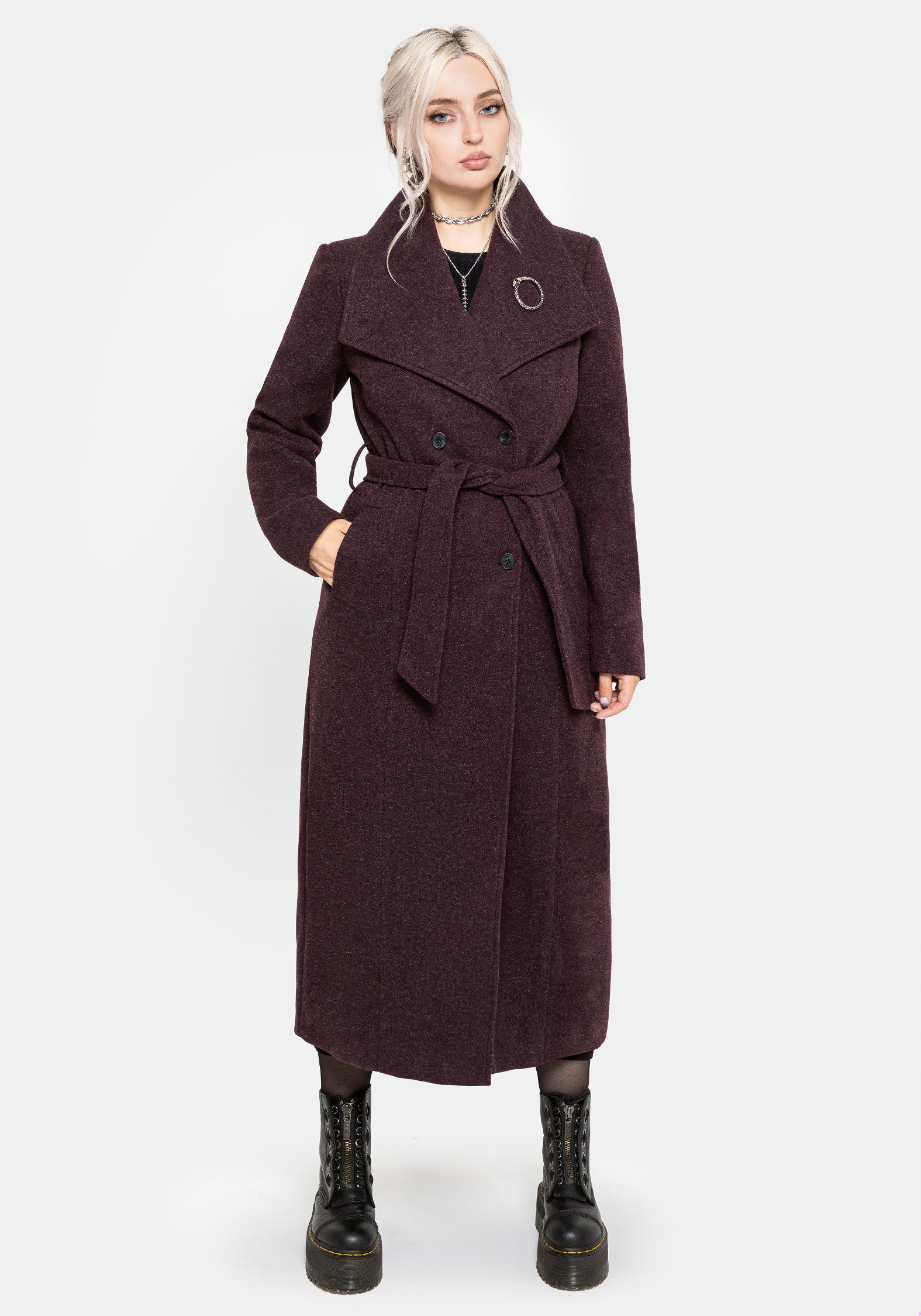 Abyss Tie Waist Double Breasted Coat With Snake Brooch - Plum