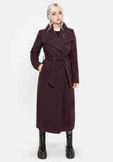 Abyss Tie Waist Double Breasted Coat With Snake Brooch - Plum