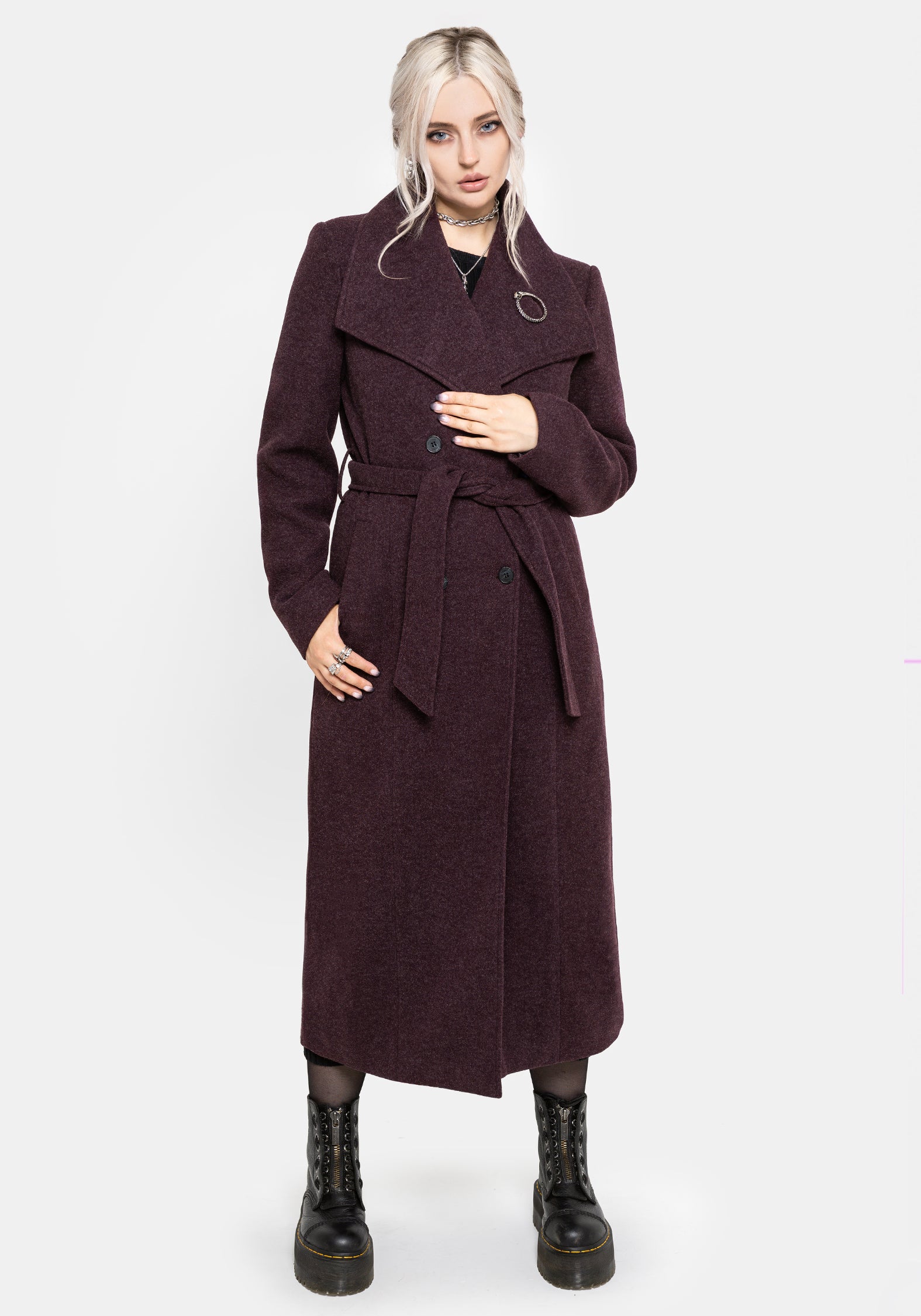 Abyss Tie Waist Double Breasted Coat With Snake Brooch - Plum