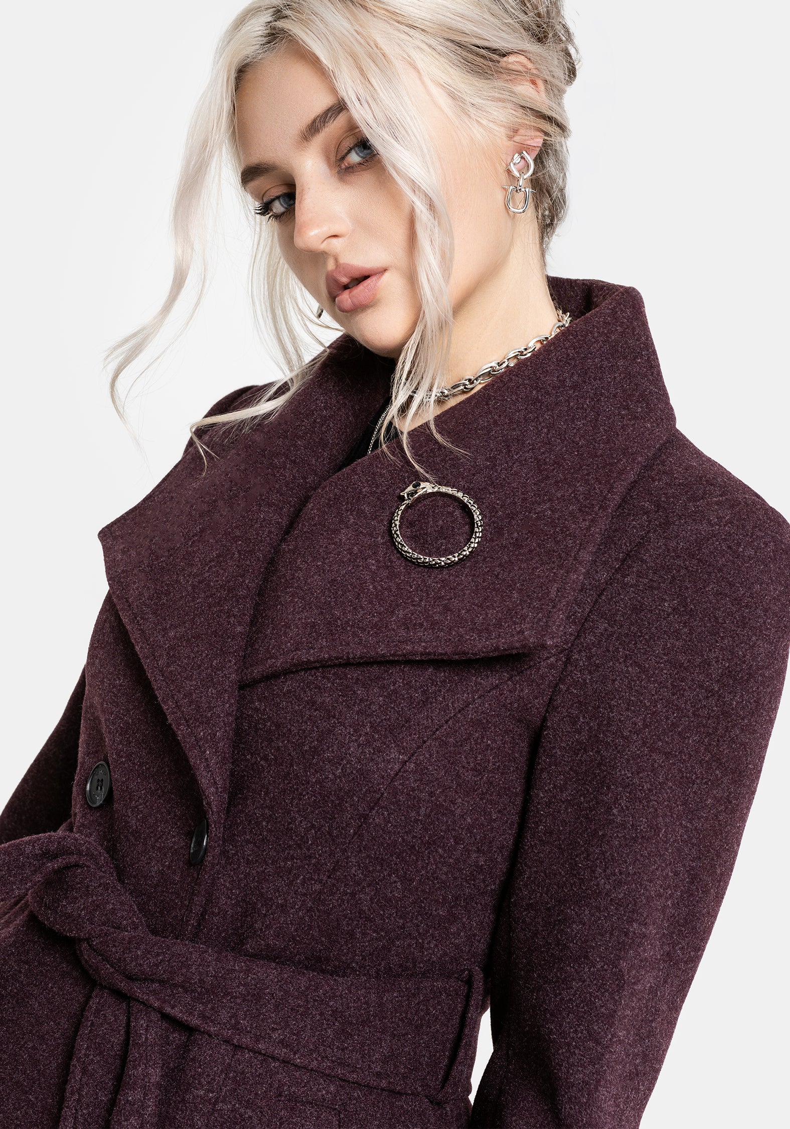 Abyss Tie Waist Double Breasted Coat With Snake Brooch - Plum