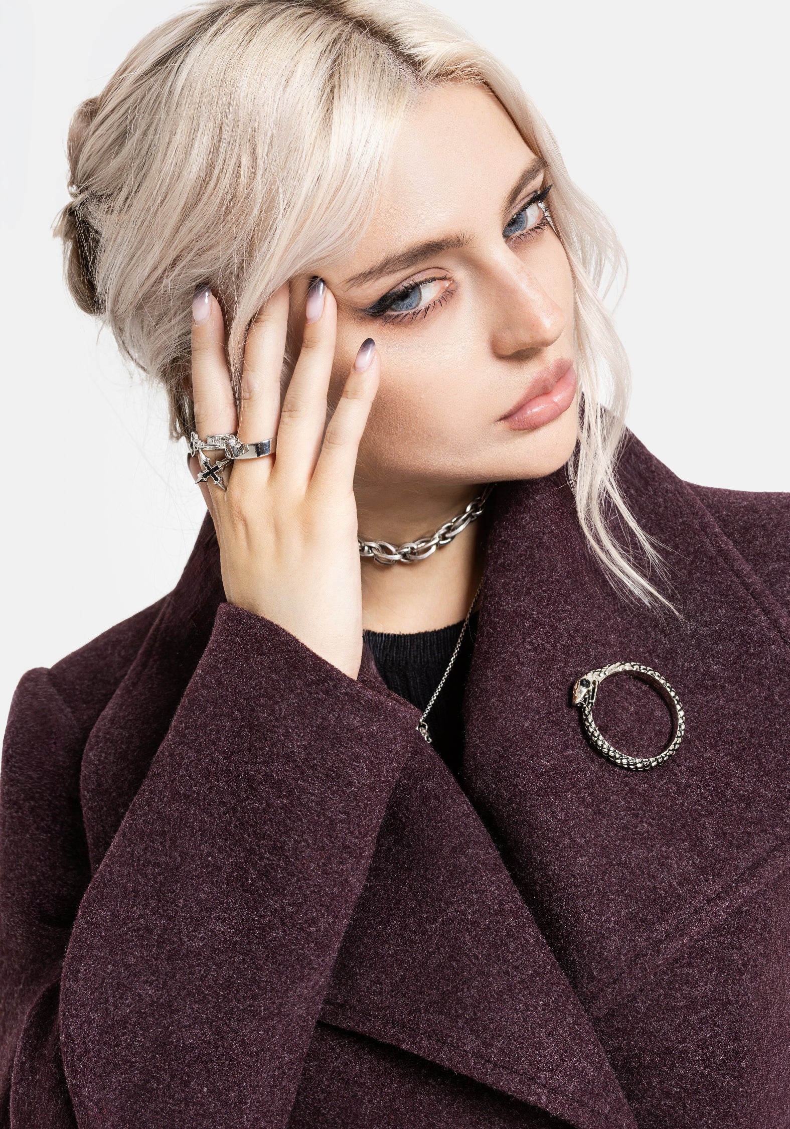 Abyss Tie Waist Double Breasted Coat With Snake Brooch - Plum