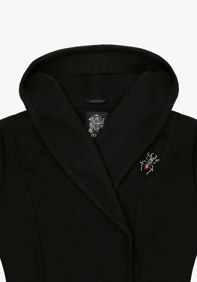 Camilla Tie Waist Hooded Coat With Bug Brooch