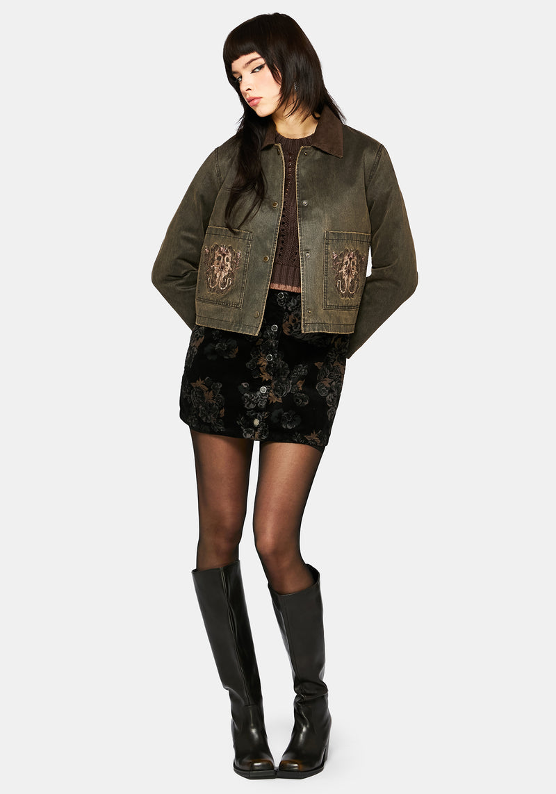 Vilethorn Cotton Dragon Embroidered Pocket Cord Collar Jacket