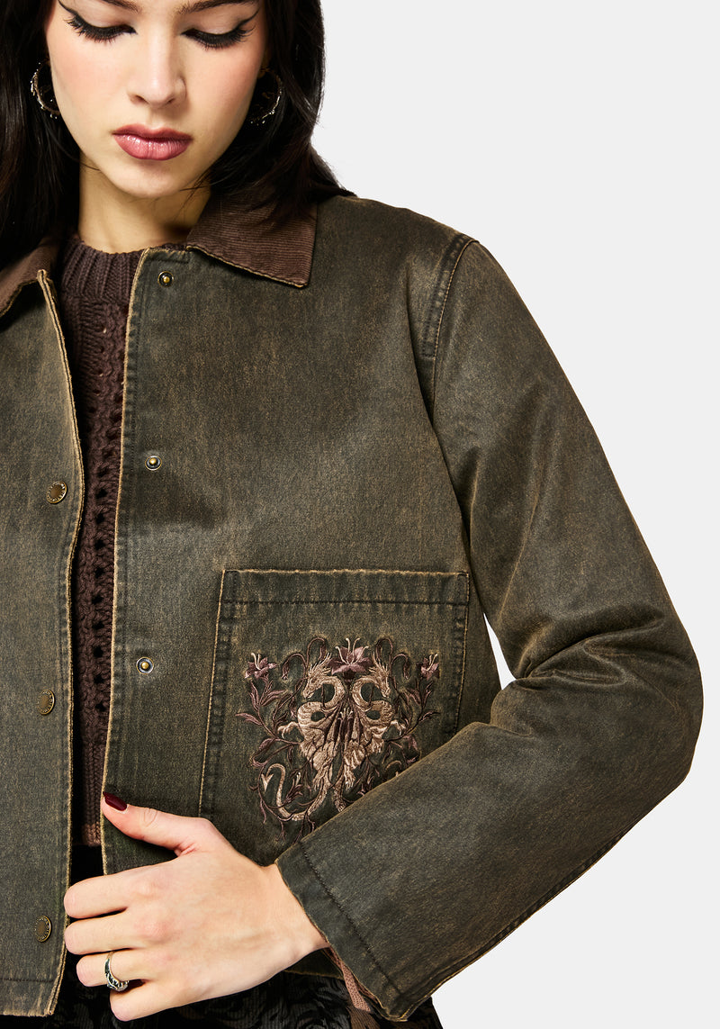 Vilethorn Cotton Dragon Embroidered Pocket Cord Collar Jacket