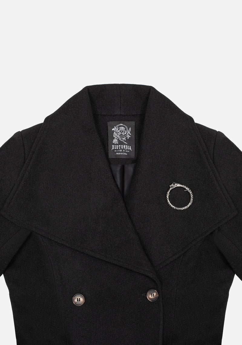 Abyss Tie Waist Double Breasted Coat With Snake Brooch - Black