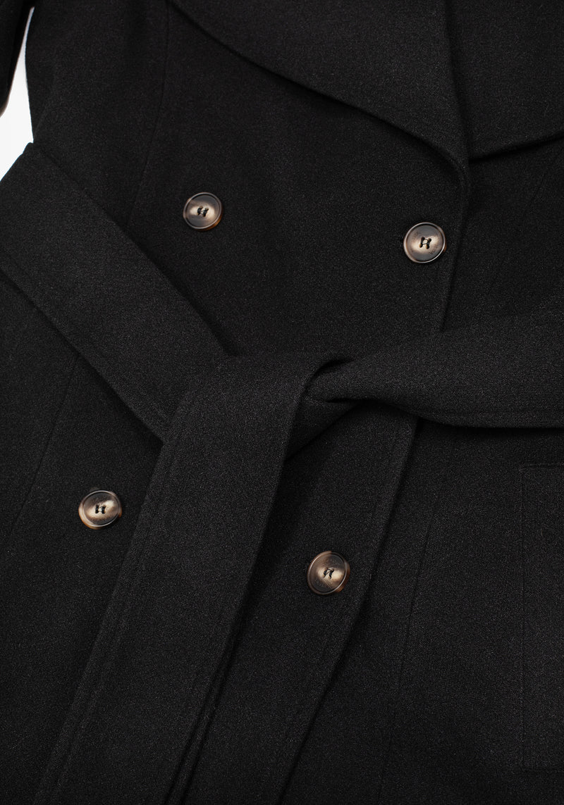 Abyss Tie Waist Double Breasted Coat With Snake Brooch - Black