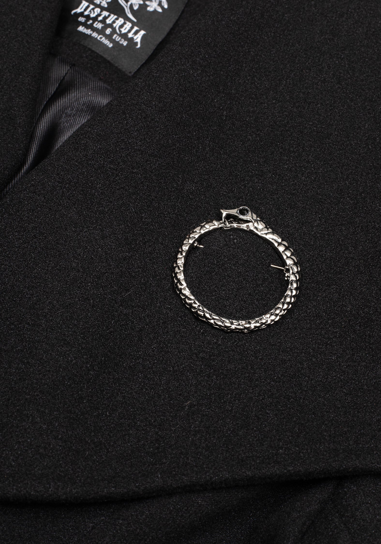 Abyss Tie Waist Double Breasted Coat With Snake Brooch - Black