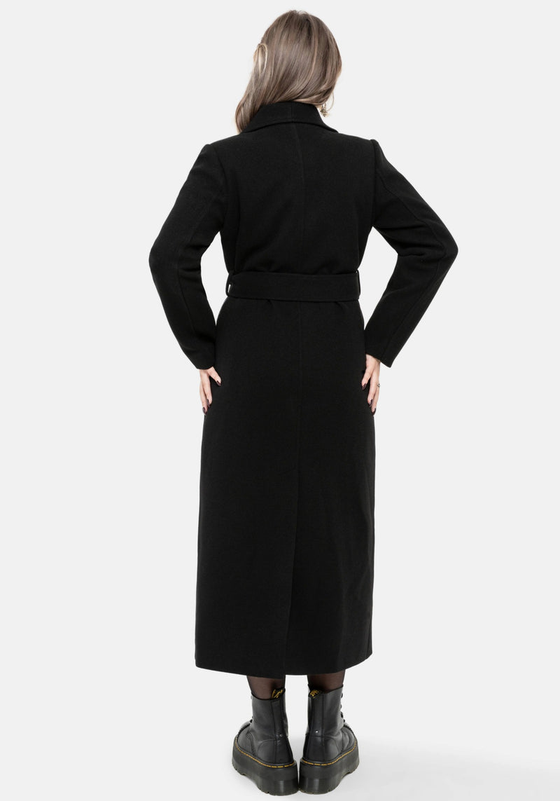 Abyss Tie Waist Double Breasted Coat With Snake Brooch - Black