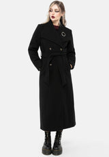 Abyss Tie Waist Double Breasted Coat With Snake Brooch - Black
