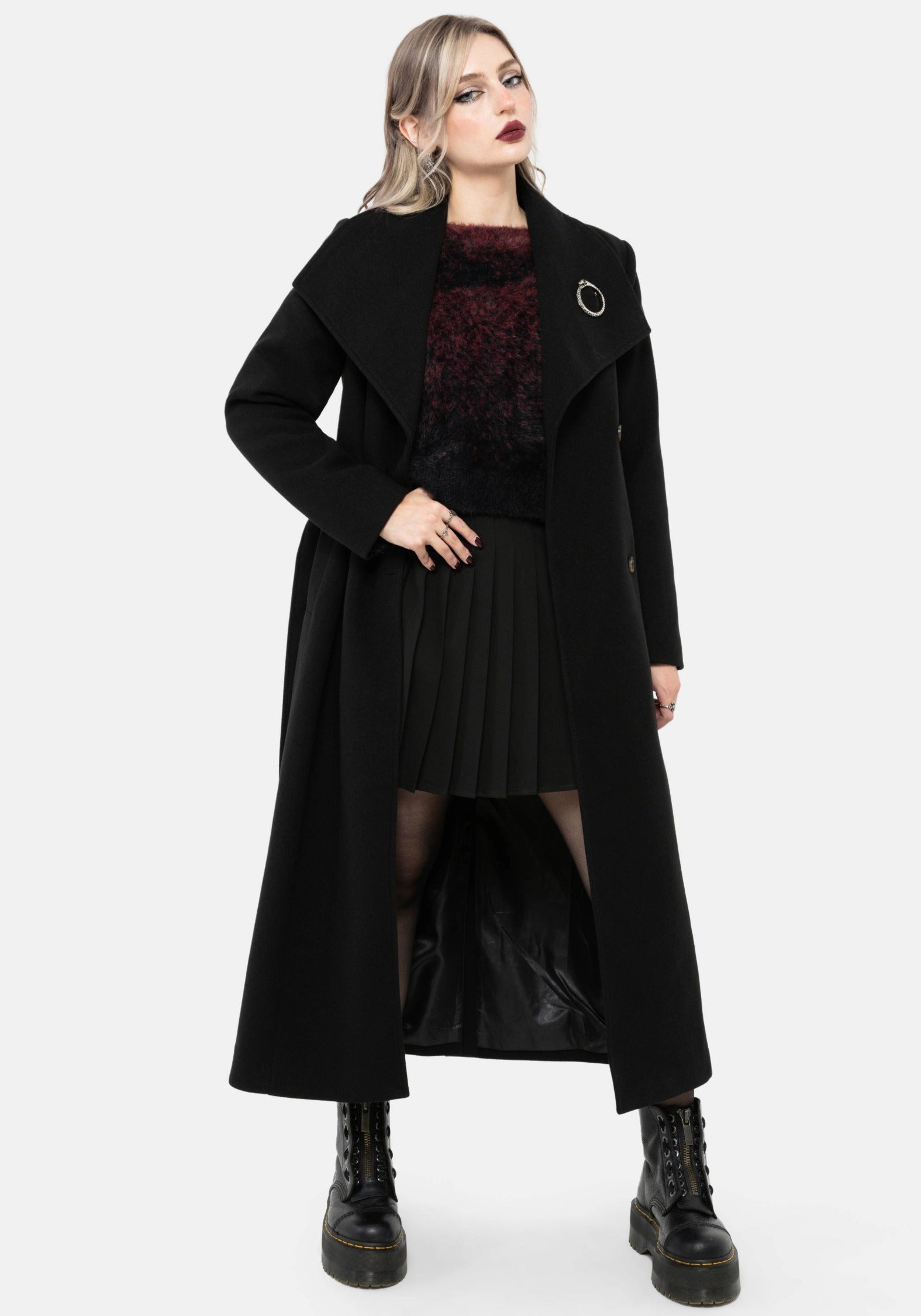 Abyss Tie Waist Double Breasted Coat With Snake Brooch - Black