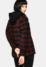 Trellis Hooded Pocket Check Shacket - Burgundy