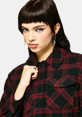 Trellis Hooded Pocket Check Shacket - Burgundy