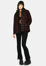 Trellis Hooded Pocket Check Shacket - Burgundy