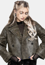 Fleux Embroidered Cropped Faux Leather Trench Jacket