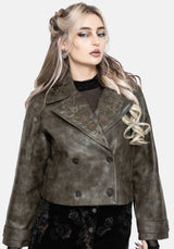 Fleux Embroidered Cropped Faux Leather Trench Jacket