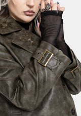 Fleux Embroidered Cropped Faux Leather Trench Jacket