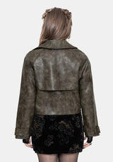 Fleux Embroidered Cropped Faux Leather Trench Jacket