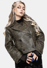 Fleux Embroidered Cropped Faux Leather Trench Jacket