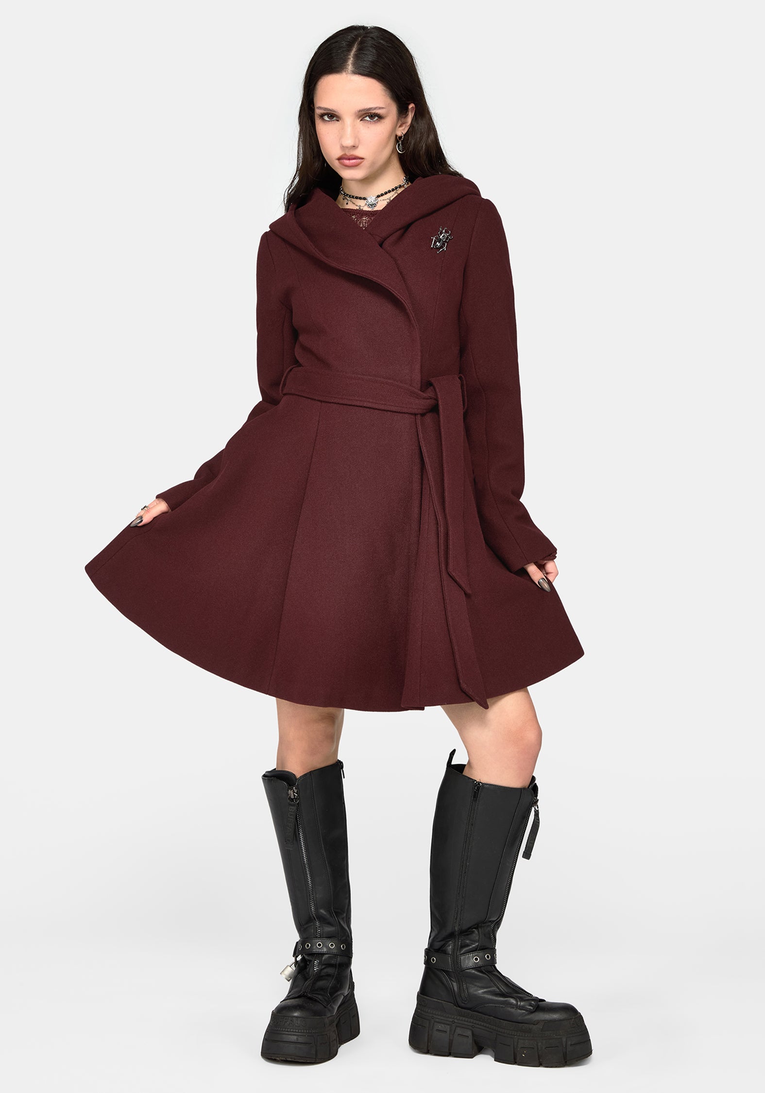 Camilla Tie Waist Hooded Coat With Bug Brooch - Burgundy