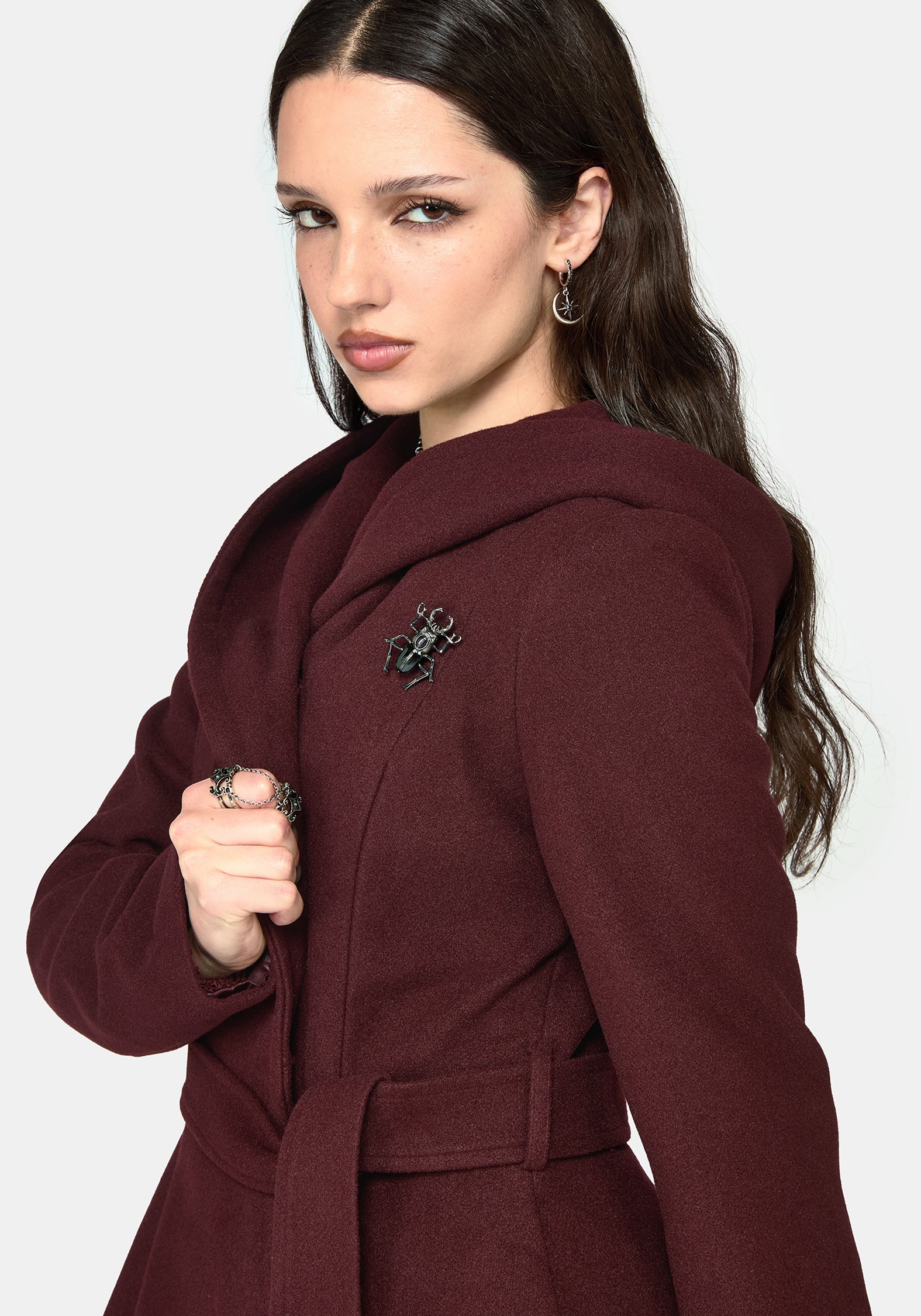 Camilla Tie Waist Hooded Coat With Bug Brooch - Burgundy