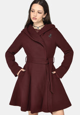 Camilla Tie Waist Hooded Coat With Bug Brooch - Burgundy