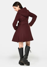 Camilla Tie Waist Hooded Coat With Bug Brooch - Burgundy
