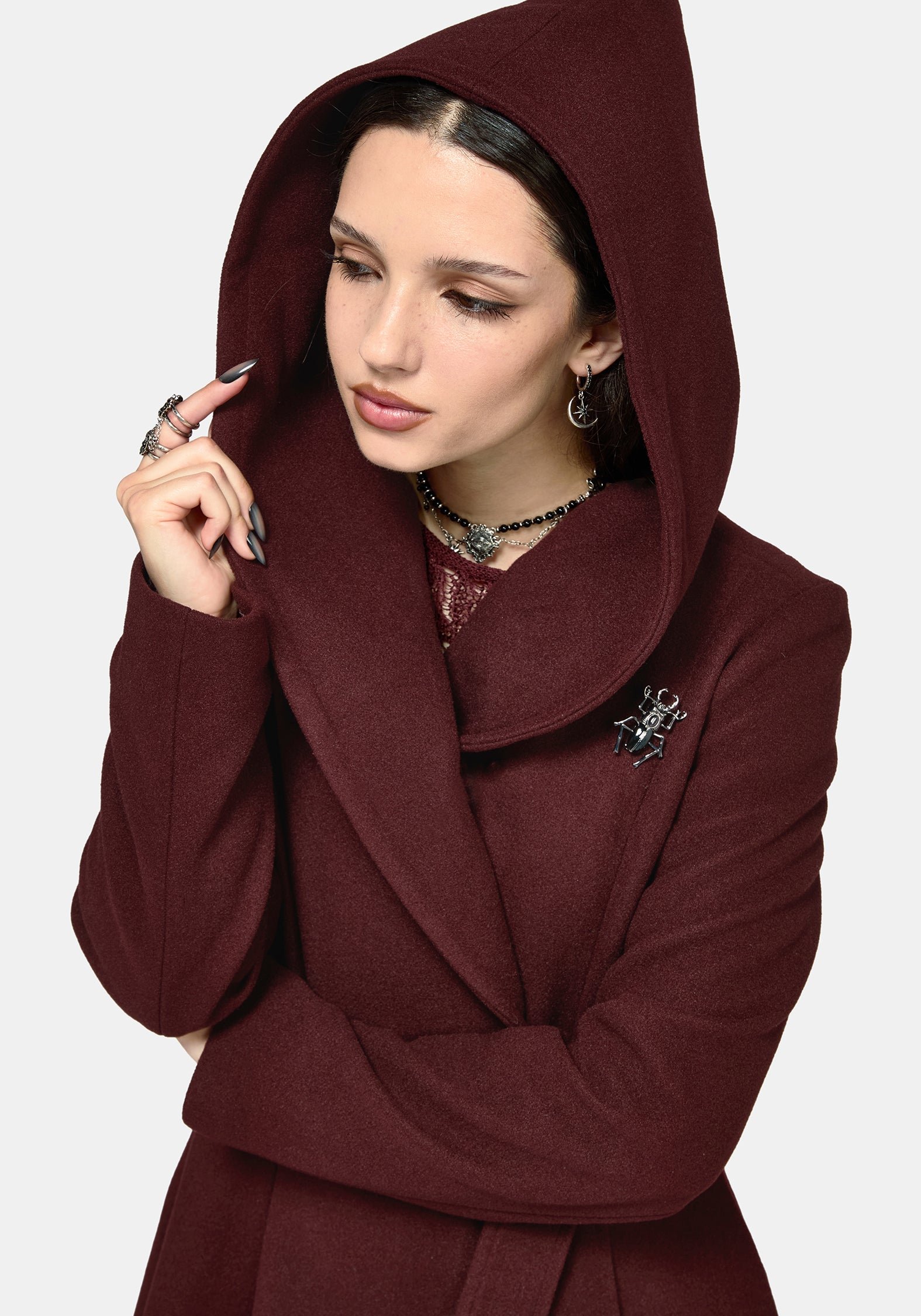 Camilla Tie Waist Hooded Coat With Bug Brooch - Burgundy