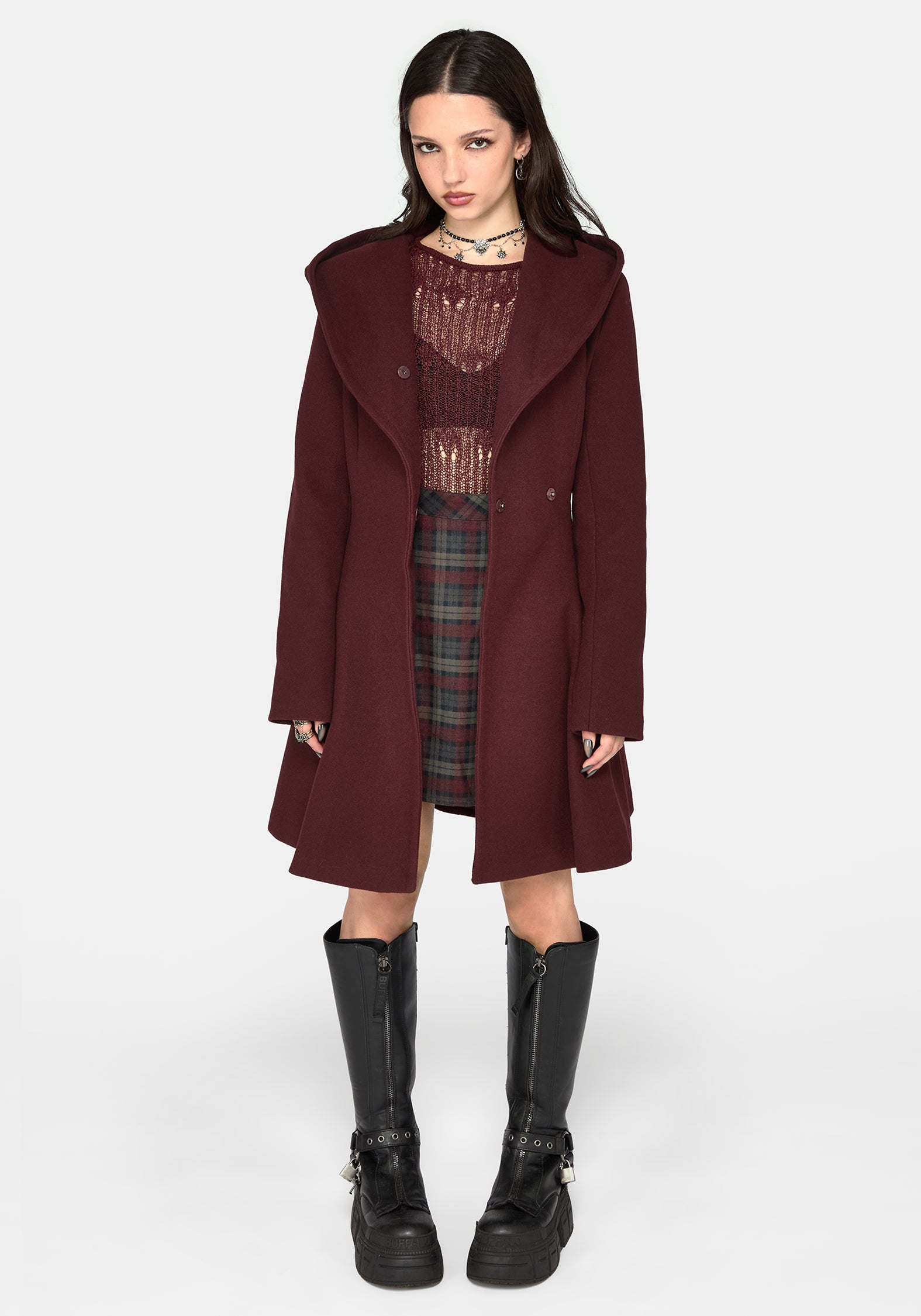 Camilla Tie Waist Hooded Coat With Bug Brooch - Burgundy