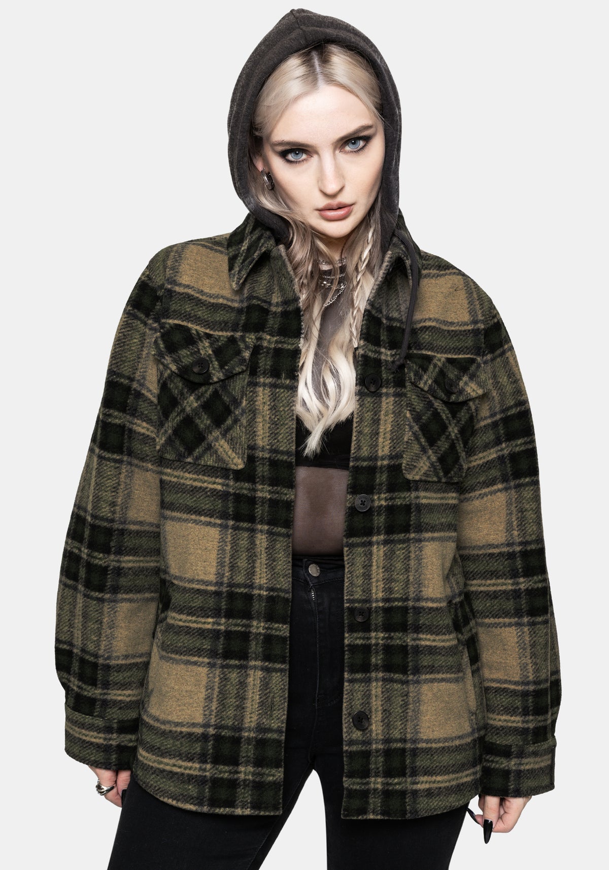 Trellis Lightweight Hooded Pocket Check Shacket - Green EU 34