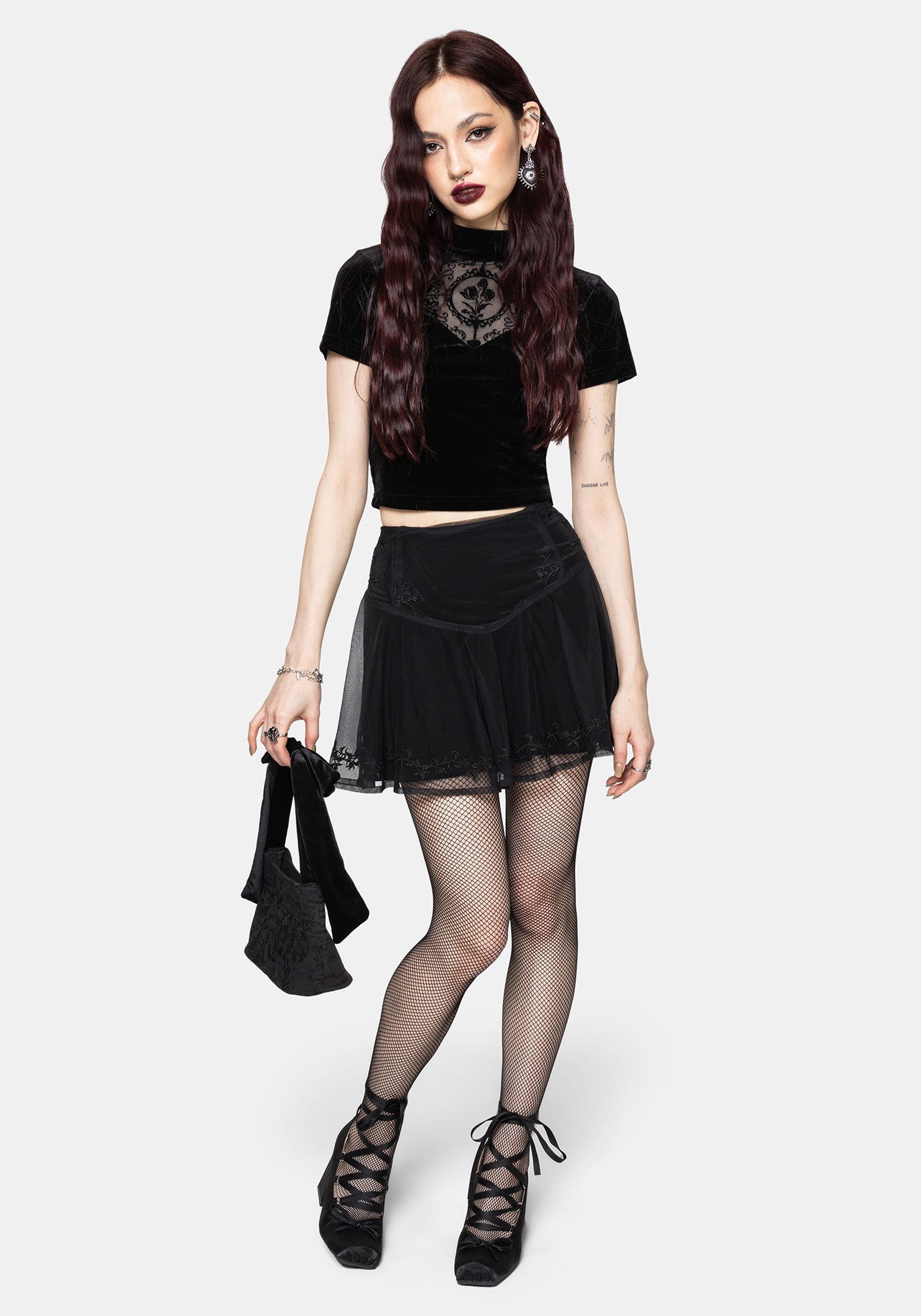 Trixie Velvet Fishnet Embroidered Mini Skirt EU 34