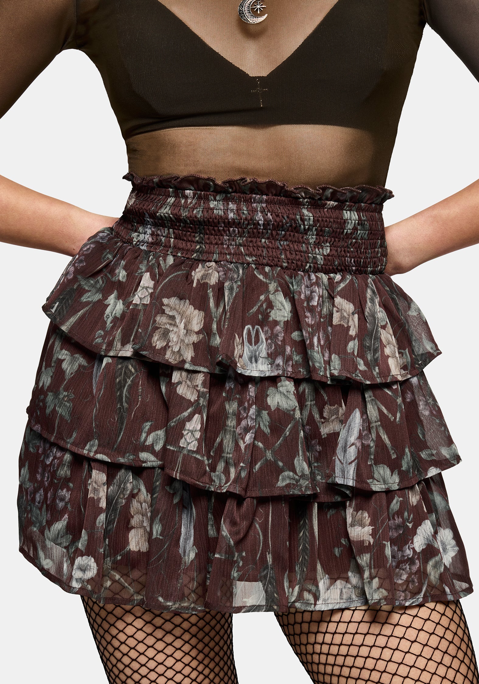 Dusha Garden Print Chiffon Ruffle Mini Skirt