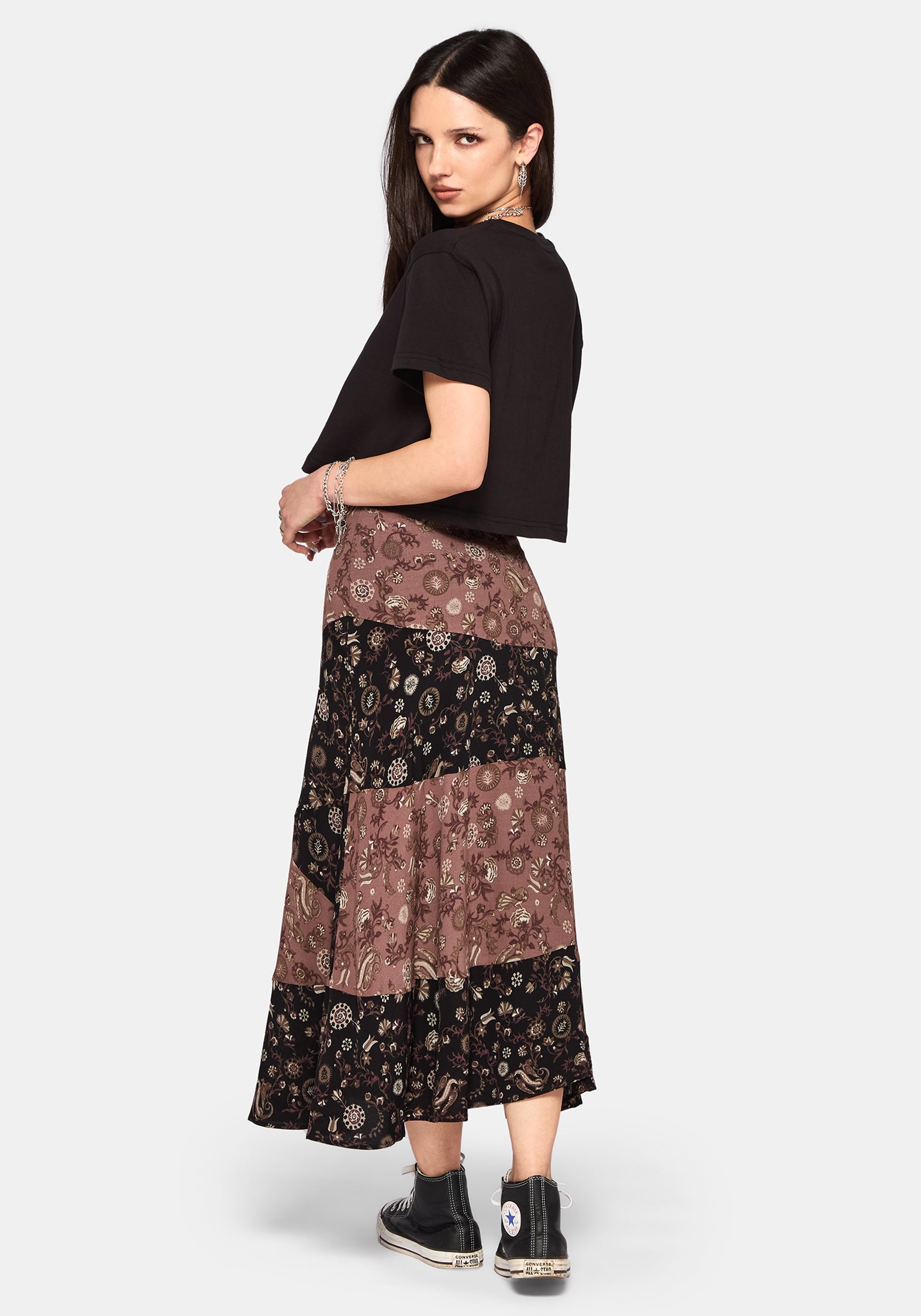 Sylra Ditsy Folk Spliced Midi Skirt