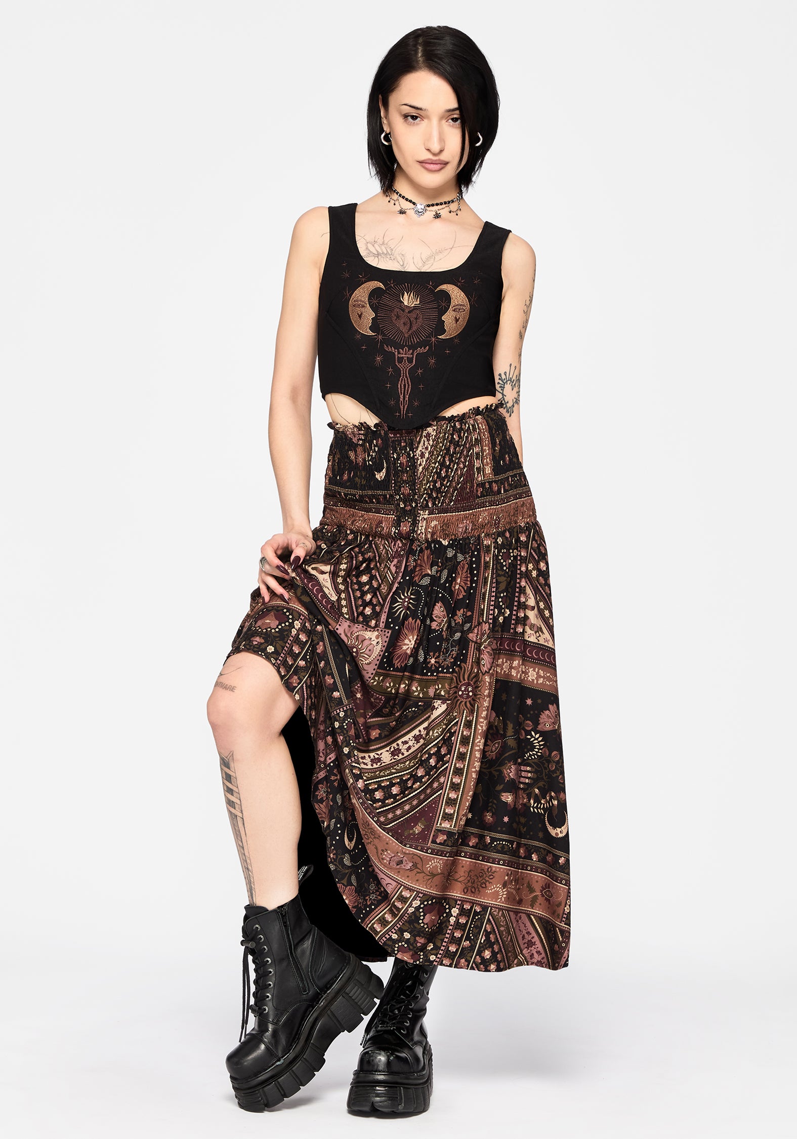 Nola Folk Patchwork Print Shirred Midi Skirt – Disturbia
