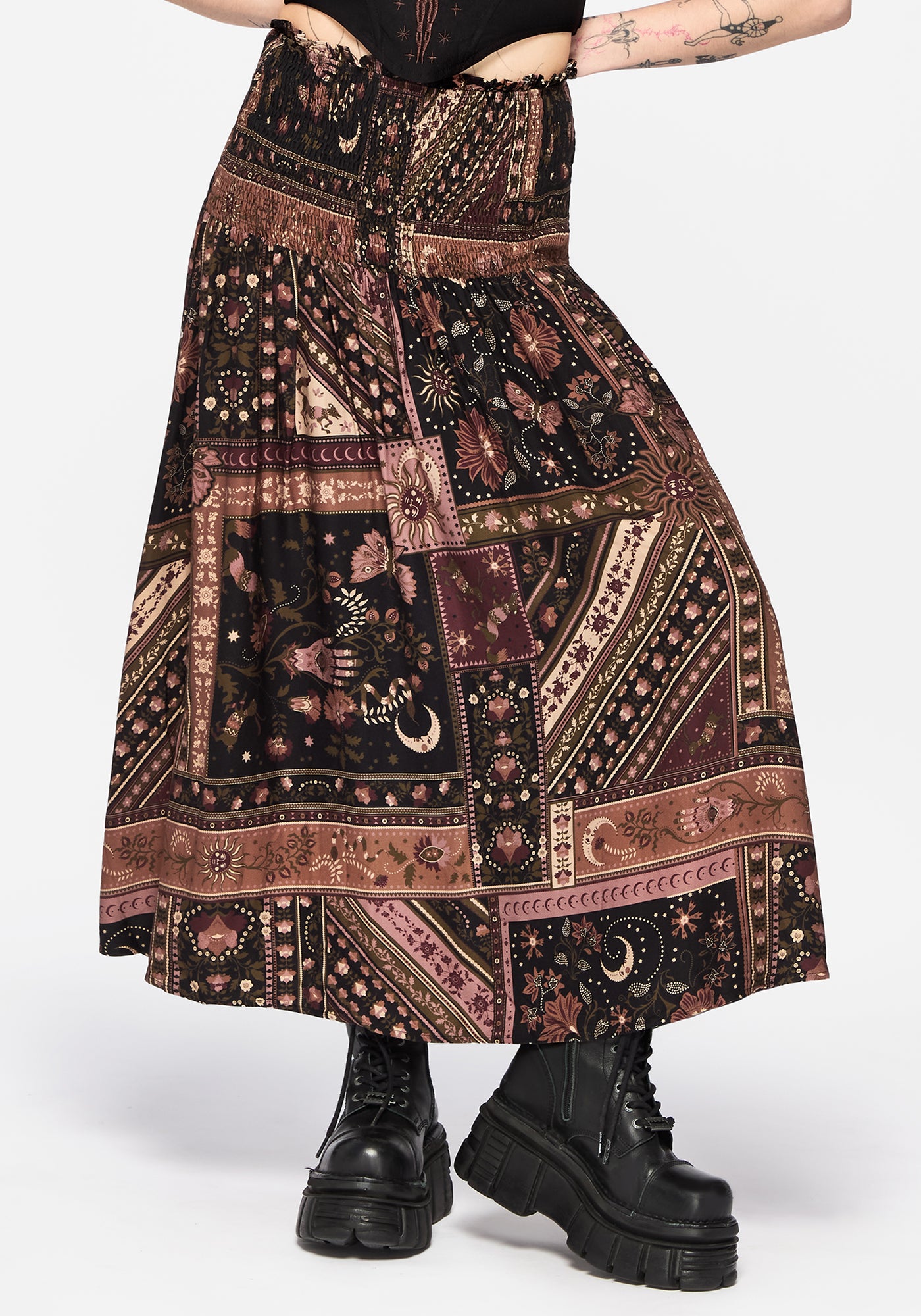 Nola Folk Patchwork Print Shirred Midi Skirt – Disturbia