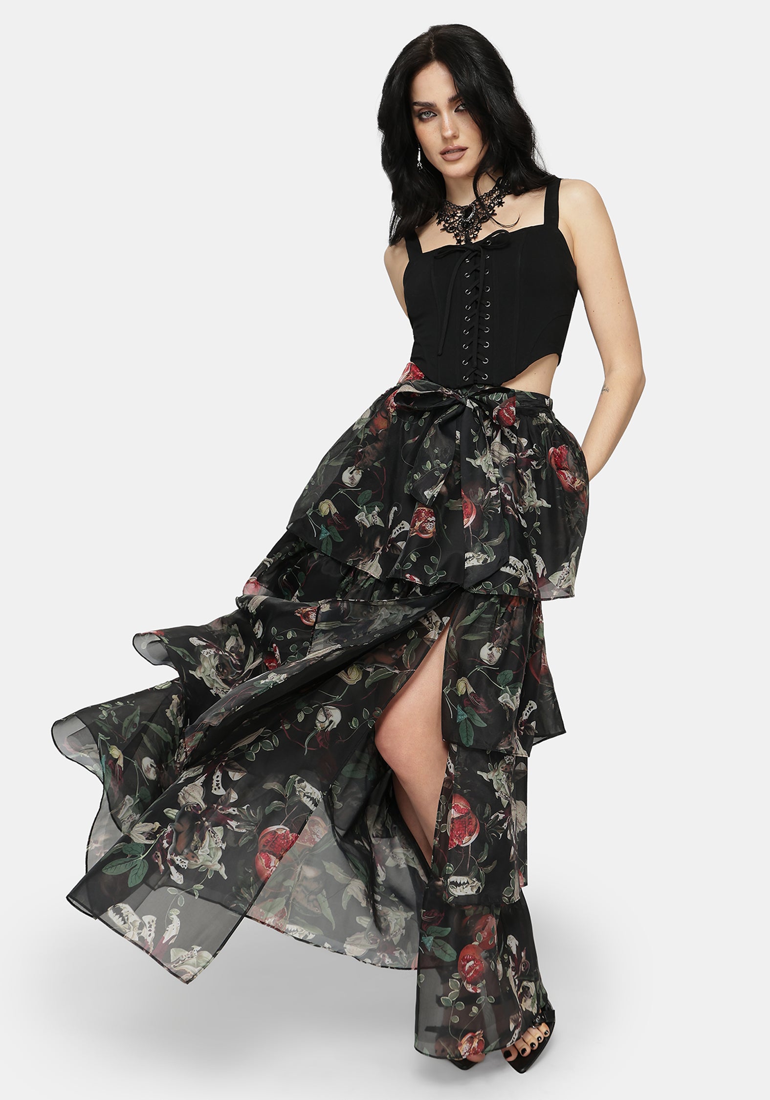 Anara Fruit Print Tiered Skirt