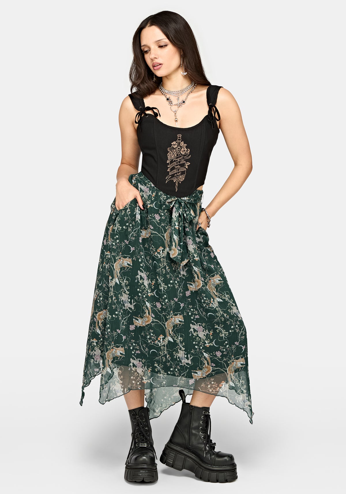 Renard Print Chiffon Hanky Hem Midi Skirt