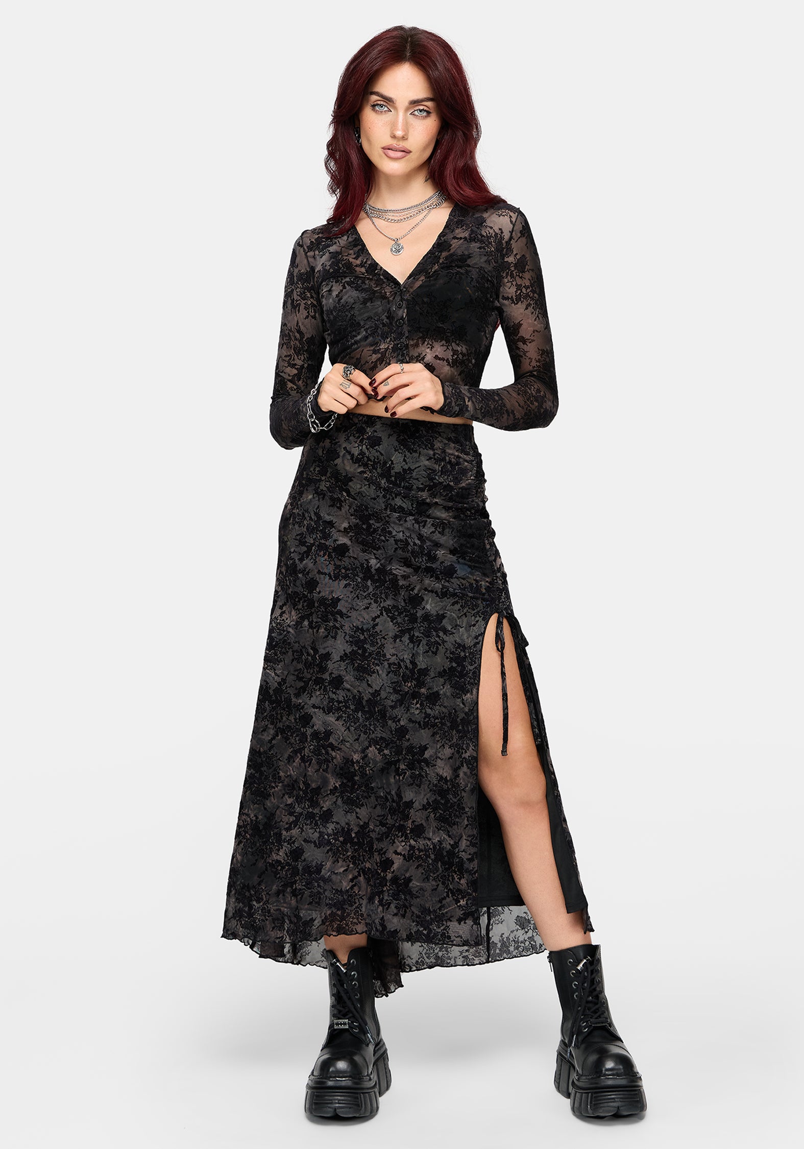 Zuri Lace Flocked Ruched Midaxi Skirt