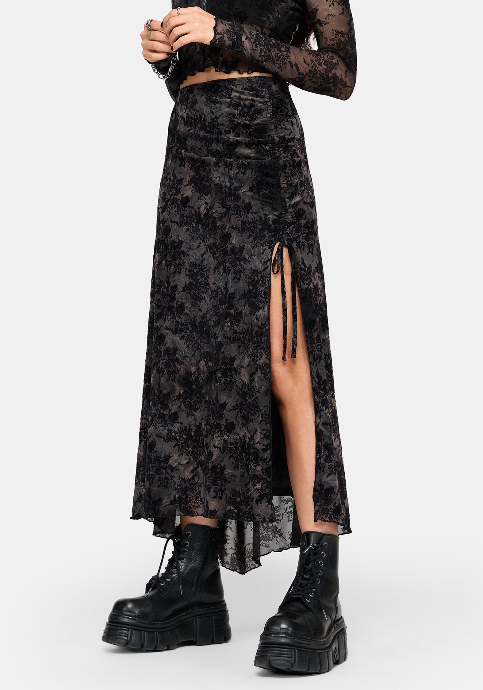 Zuri Lace Flocked Ruched Midaxi Skirt