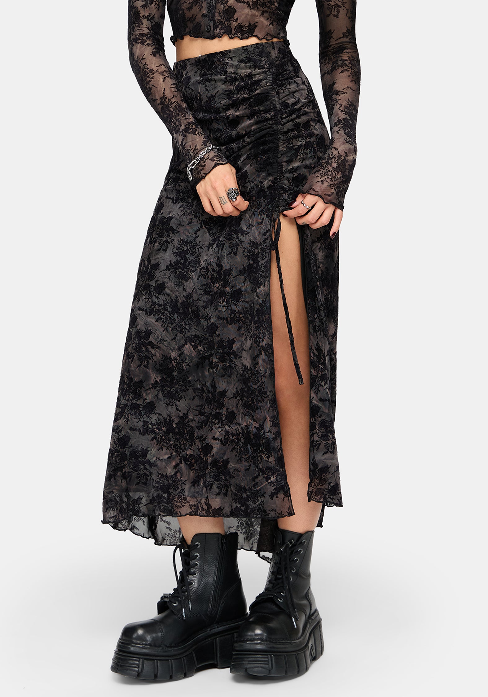 Zuri Lace Flocked Ruched Midaxi Skirt