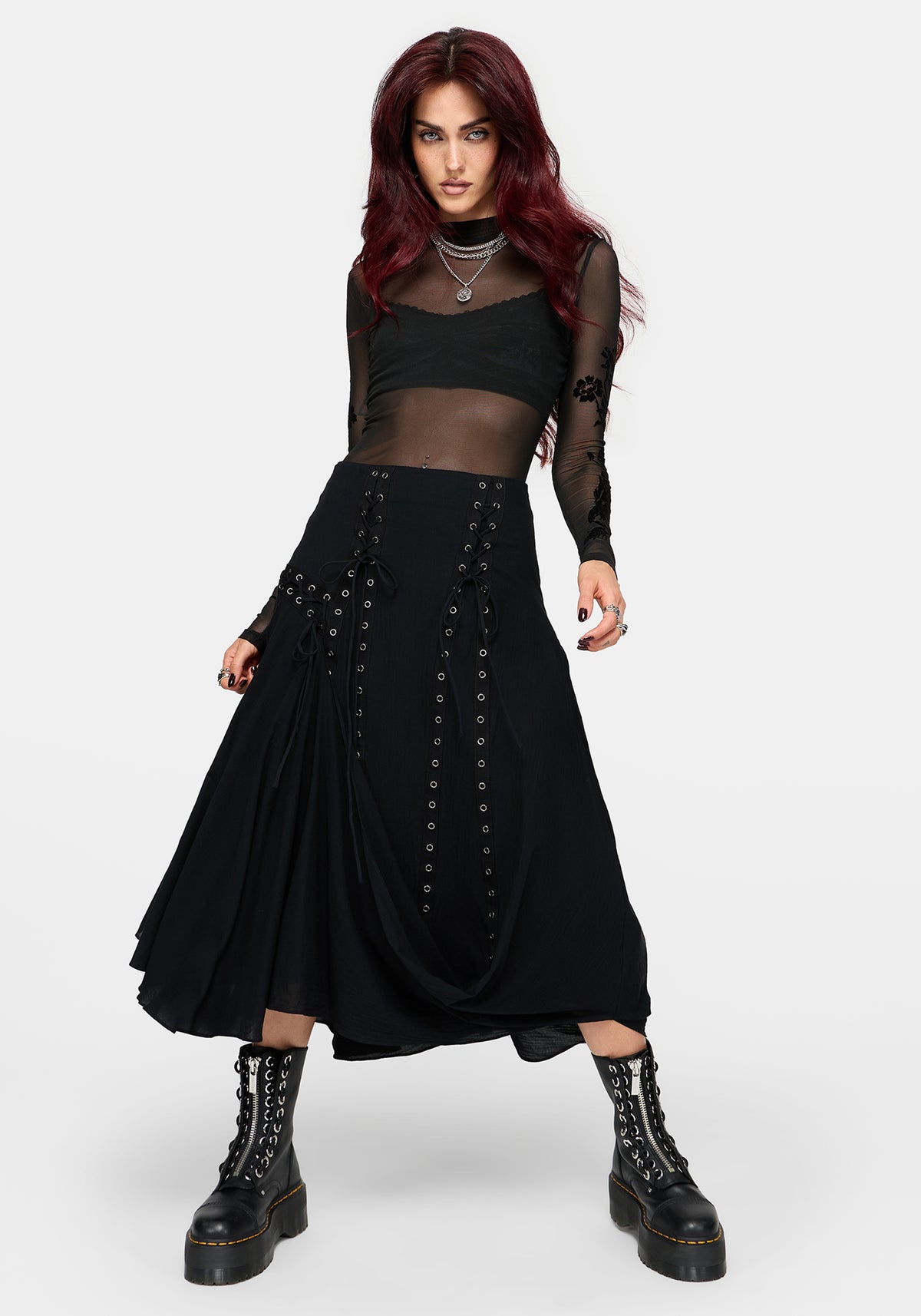 Lucette Eyelet Lace Up Midi Skirt