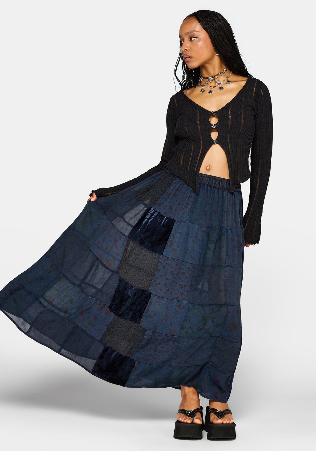 Mabel Floral Printed Patchwork Skirt - Navy