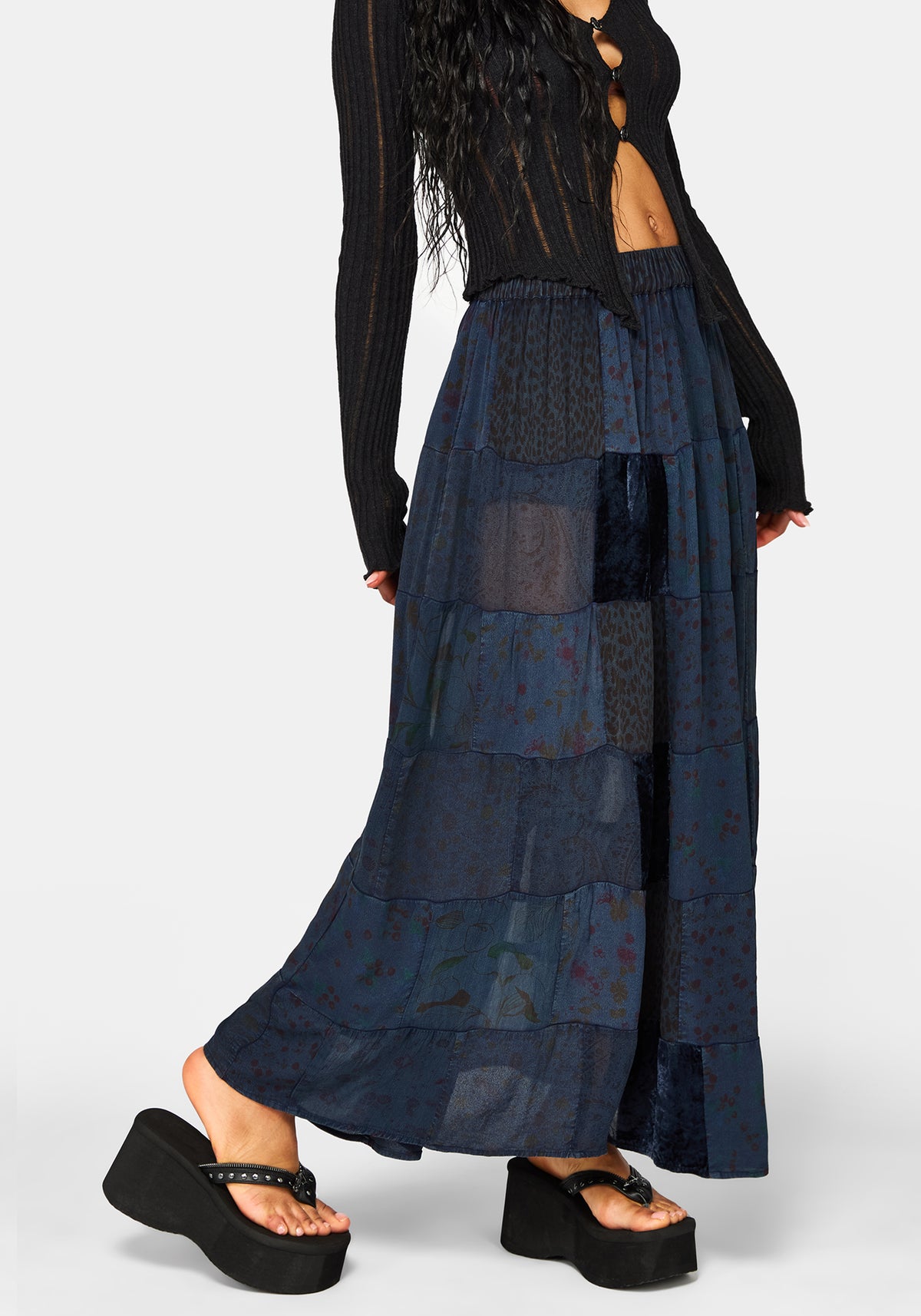 Mabel Floral Printed Patchwork Skirt - Navy