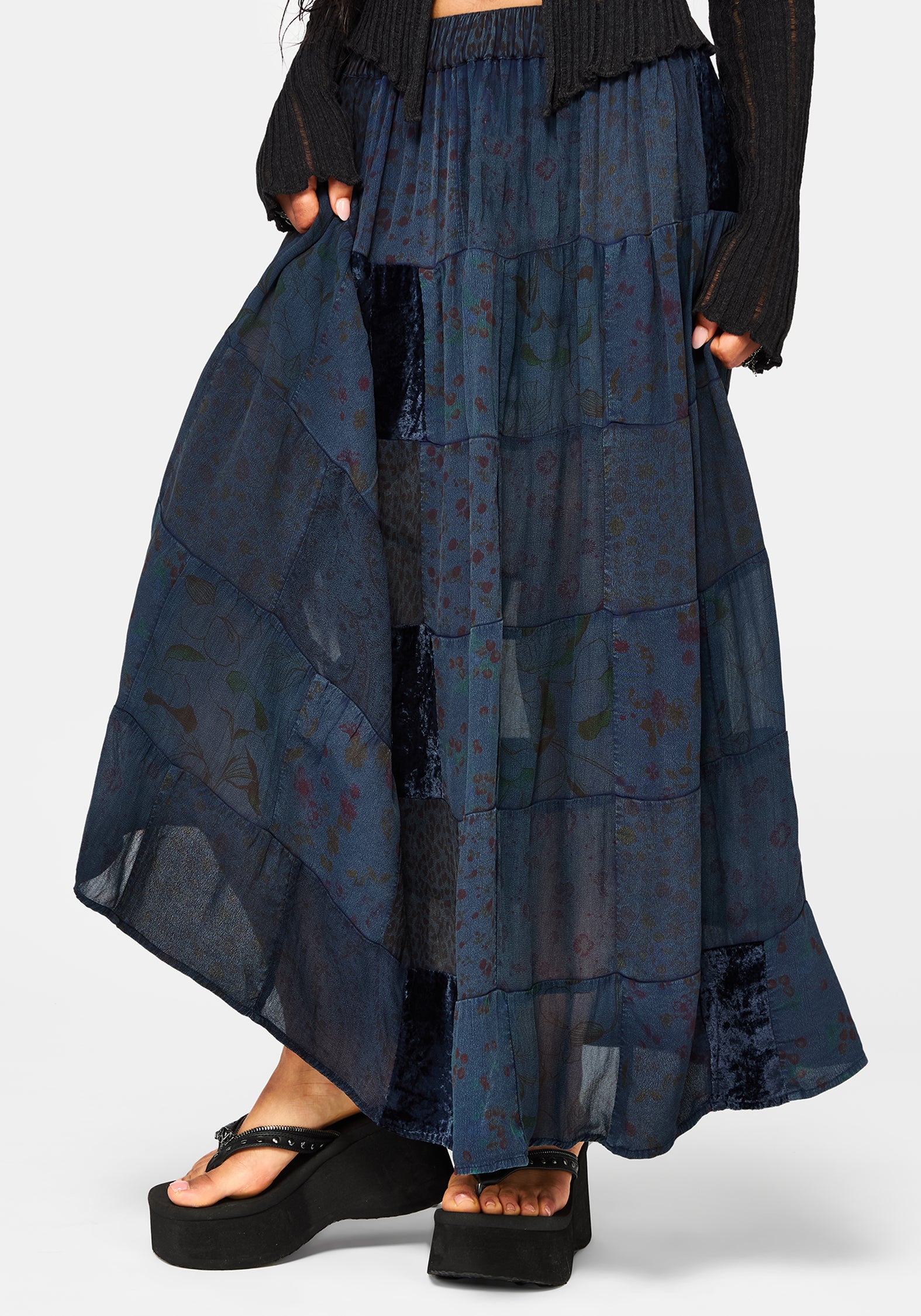 Mabel Floral Printed Patchwork Skirt - Navy