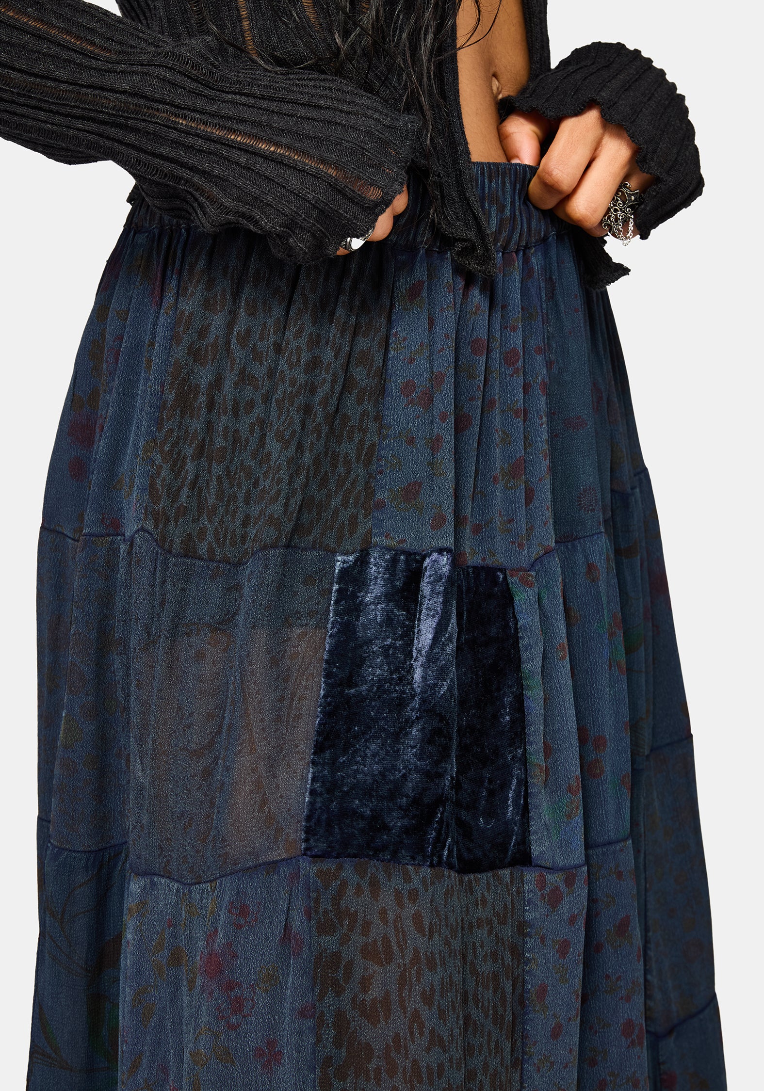 Mabel Floral Printed Patchwork Skirt - Navy