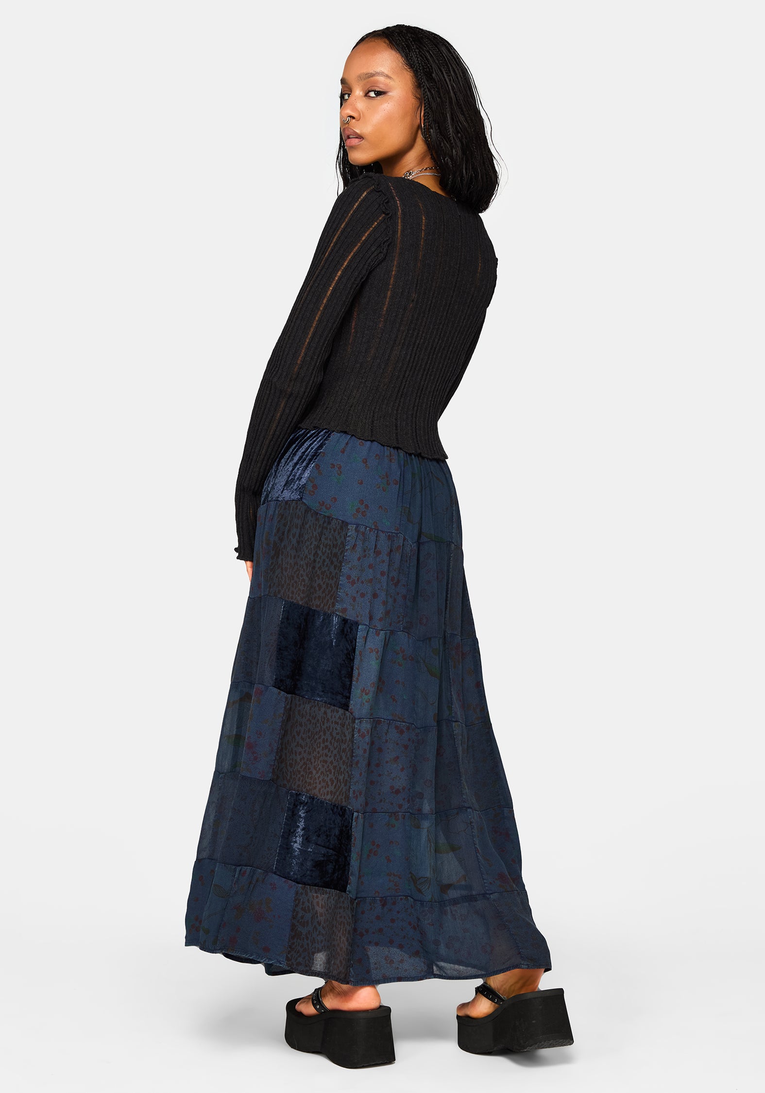 Mabel Floral Printed Patchwork Skirt - Navy