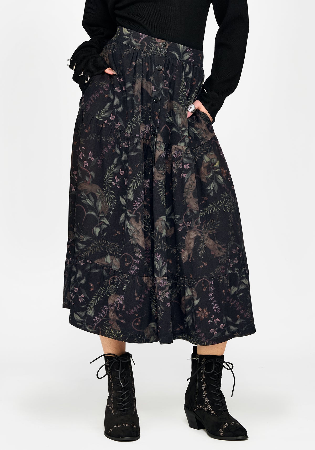 Curio Print Button Down Midi Skirt