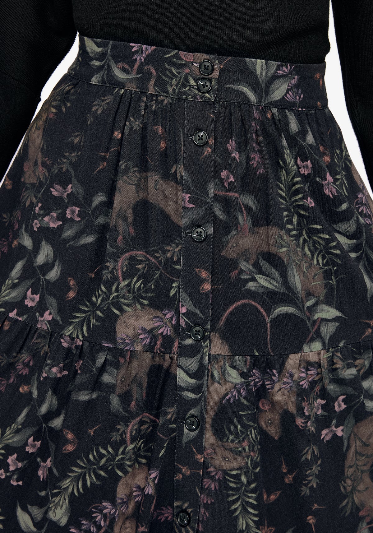 Curio Print Button Down Midi Skirt