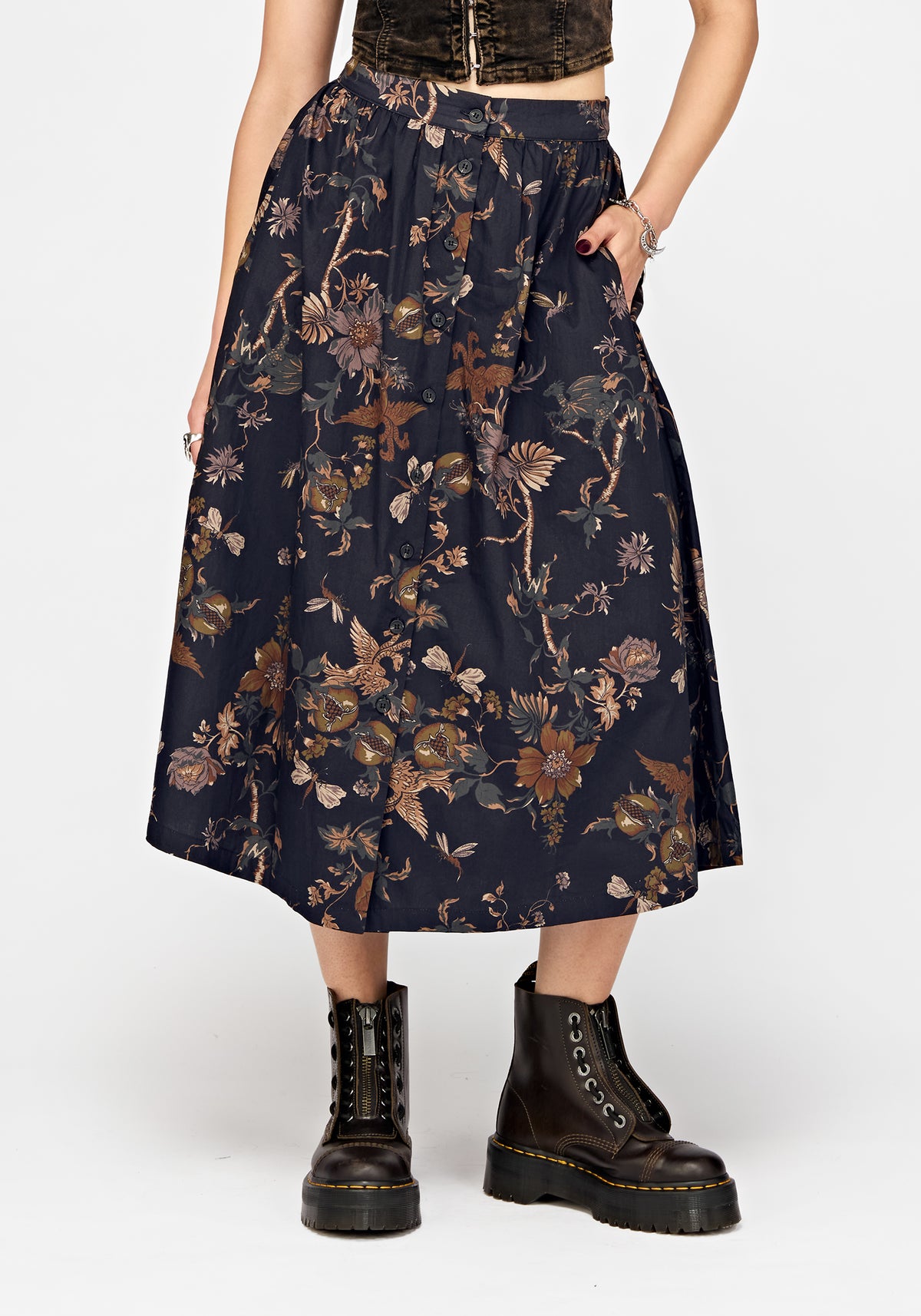 Poison Eden Printed Button Down Skirt - Midnight